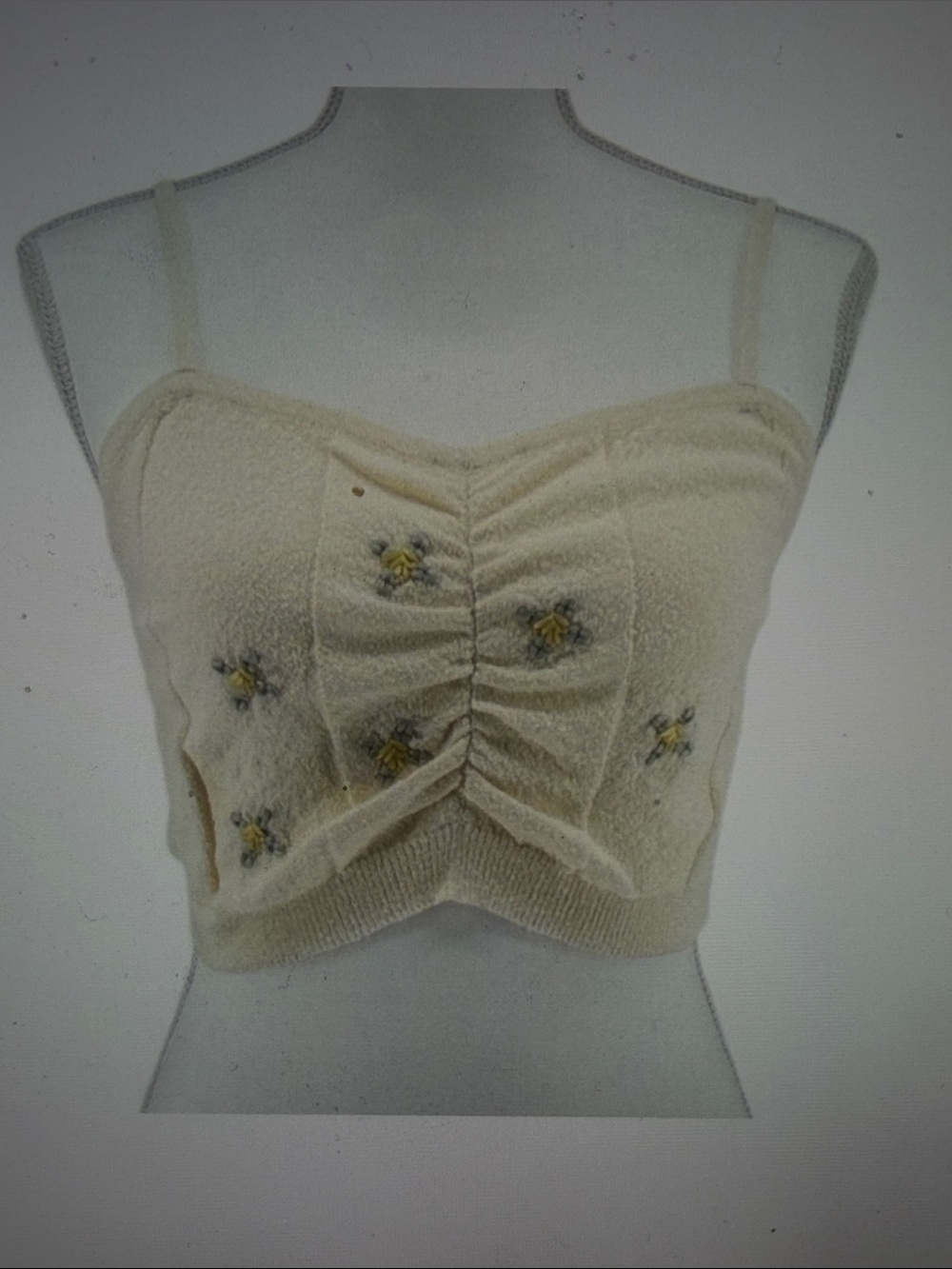 Promesa Cream Terry Crop Camisole with Yellow Floral Embroidery